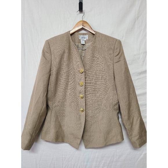 Christopher Jackets & Blazers - Christopher Blazer Women 14 Tan Good Textured Gold Button Collarless Vintage USA